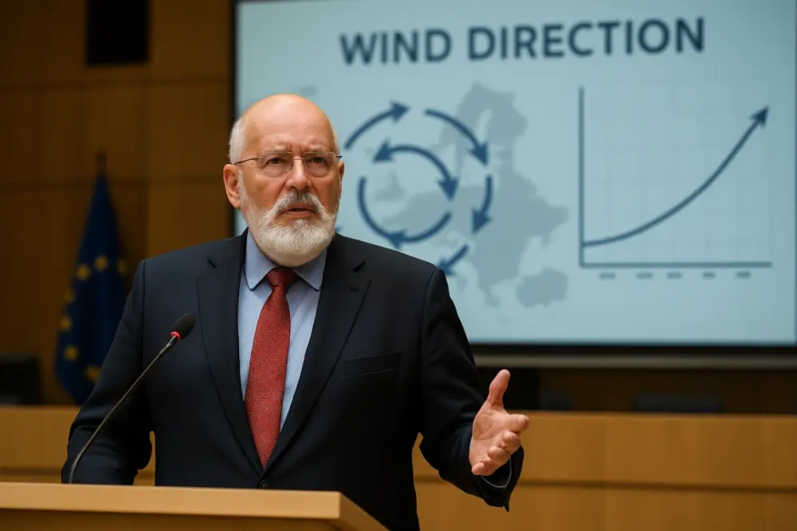 Timmerfrans presenteert Windrichtlijn 2025 in het Europees Parlement, met een grafiek van windstromen op de achtergrond.